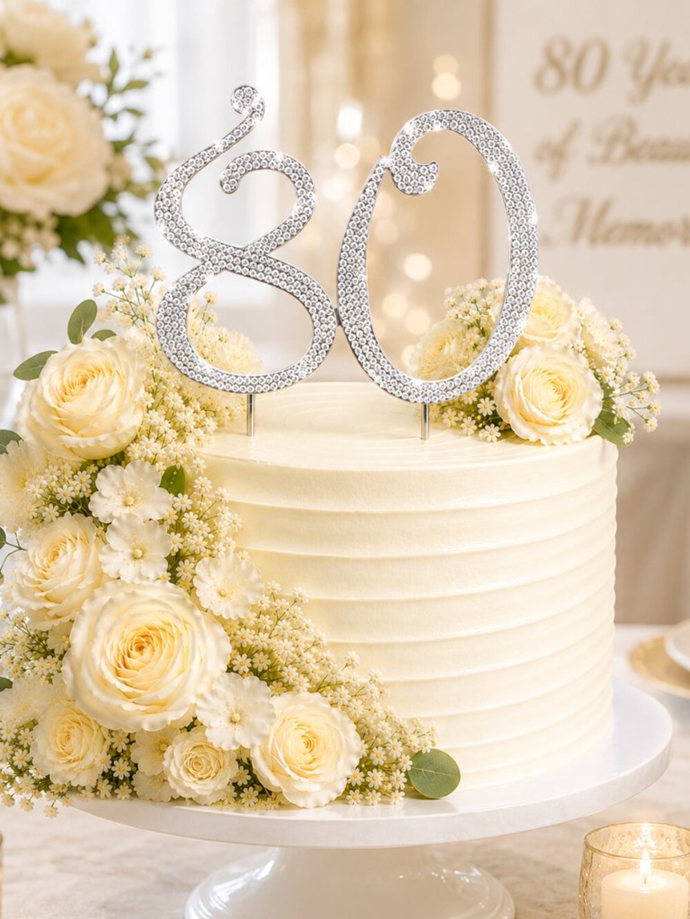 Rhinestone Cake Topper - Number 80 - Silver Metal with Czech Rhinestones